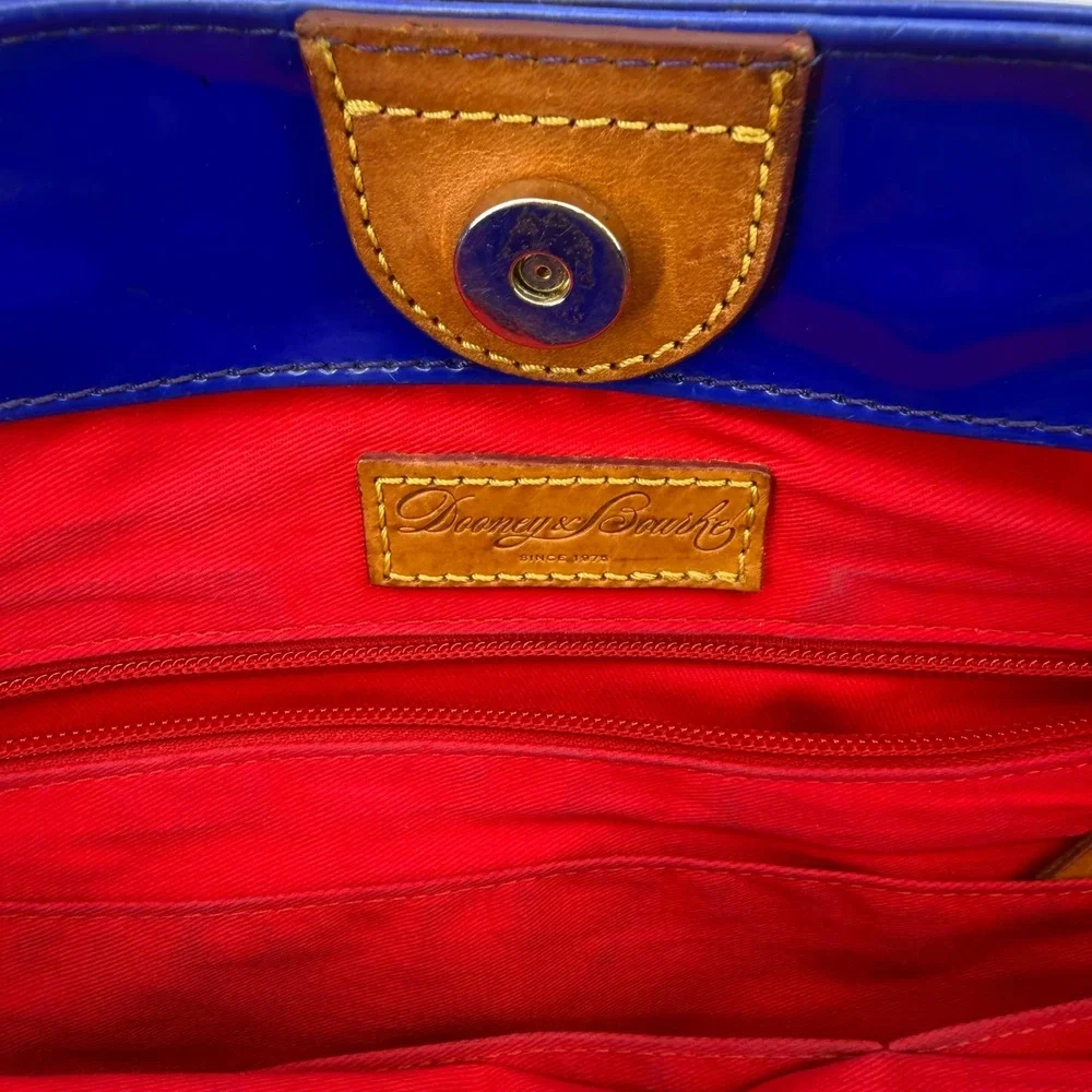 Dooney & Bourke Tote Bag Womens Medium Blue Patent Leather Tan Trim Shoulder Bag